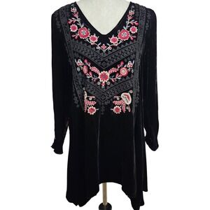 Johnny Was JW Los Angeles Black Velvet Embroidered Tunic Top Long Sleeve Size M